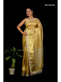 Isadora Life - Womens Woven Mirror Work Gold Pre-Draped Saree With Unstitched Blouse
