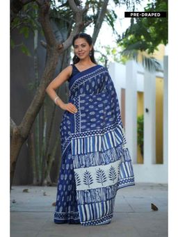 Isadora Life - Womens Printed Blue Pre-Draped Saree With Unstitched Blouse