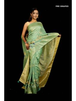 Isadora Life - Womens Printed Green Pre-Draped Saree With Unstitched Blouse
