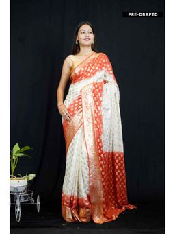 Isadora Life - Womens Zari Printed White Pre-Draped Saree With Unstitched Blouse