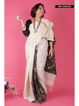 Isadora Life - Womens Printed Stripes White Pre-Draped Saree With Unstitched Blouse