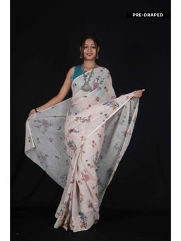 Isadora Life - Womens Floral Printed Off White Pre-Draped Saree With Unstitched Blouse