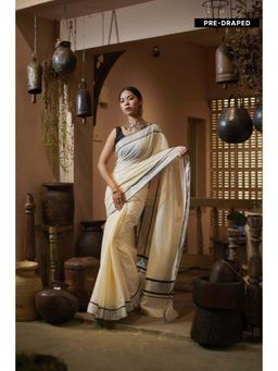 Isadora Life - Womens Solid Zari Ivory Pre-Draped Saree With Unstitched Blouse