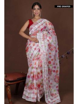 Isadora Life - Womens Floral Embroidered White Pre-Draped Saree With Unstitched Blouse