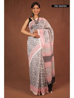 Isadora Life - Womens Printed Tassels Off White Pre-Draped Saree With Unstitched Blouse