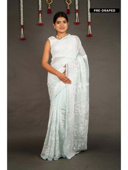 Isadora Life - Womens Embroidered Chikankari Blue Pre-Draped Saree With Unstitched Blouse