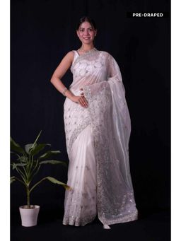 Isadora Life - Womens Embroidered Sequined White Pre-Draped Saree With Unstitched Blouse