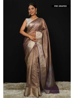 Isadora Life - Womens Woven Zari Brown Pre-Draped Saree With Unstitched Blouse