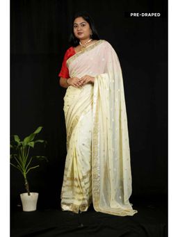 Isadora Life - Womens Woven Zari Ivory Pre-Draped Saree With Unstitched Blouse