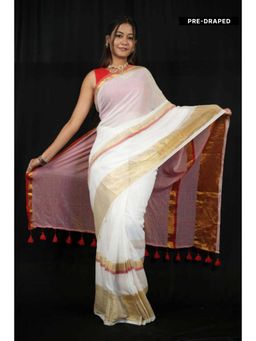 Isadora Life - Womens Woven Tassels White Pre-Draped Saree With Unstitched Blouse