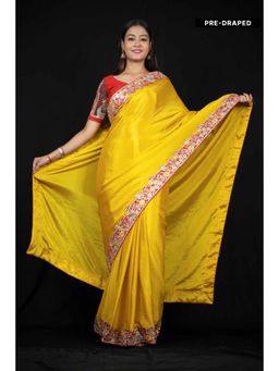 Isadora Life - Womens Solid Embroidered Yellow Pre-Draped Saree With Unstitched Blouse
