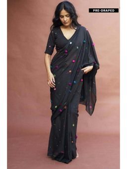 Isadora Life - Womens Embroidered Mirror Work Black Pre-Draped Saree with Unstitched Blouse