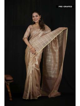 Isadora Life - Womens Stripes Woven Beige Pre-Draped Saree With Unstitched Blouse
