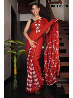 Isadora Life - Womens Hand Block Printed Red Pre-Draped Saree with Unstitched Blouse
