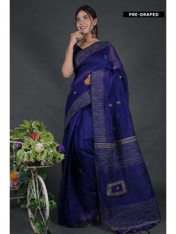 Isadora Life - Womens Woven Tassels Navy Blue Pre-Draped Saree with Unstitched Blouse