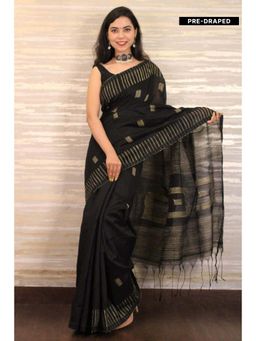 Isadora Life - Womens Stripes Tassels Black Pre-Draped Saree with Unstitched Blouse