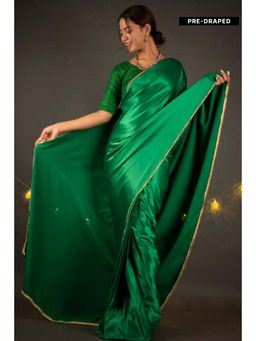 Isadora Life - Womens Solid Lace Work Green Pre-Draped Saree With Unstitched Blouse