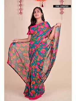 Isadora Life - Womens Floral Sequined Green Pre-Draped Saree With Unstitched Blouse