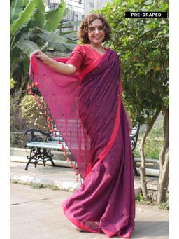 Isadora Life - Womens Solid Tassels Purple Pre-Draped Saree With Unstitched Blouse