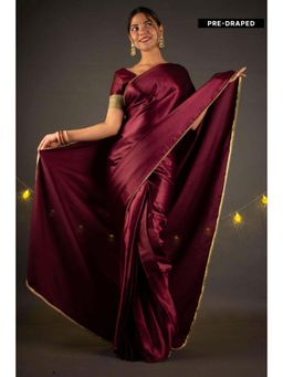 Isadora Life - Womens Solid Sequined Maroon Pre-Draped Saree With Unstitched Blouse