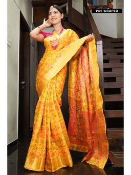 Isadora Life - Womens Woven Zari Yellow Pre-Draped Saree With Unstitched Blouse