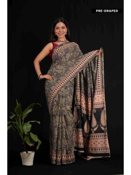 Isadora Life - Womens Block Print Black Pre-Draped Saree with Unstitched Blouse