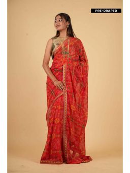 Isadora Life - Womens Bandhani Printed Red Pre-Draped Saree with Unstitched Blouse