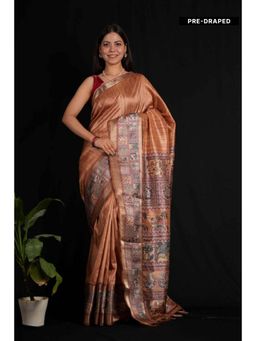 Isadora Life - Womens Kalamkari Printed Copper Pre-Draped Saree with Unstitched Blouse