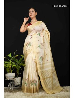 Isadora Life - Womens Embroidered Zari Ivory Pre-Draped Saree with Unstitched Blouse