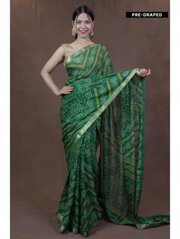 Isadora Life - Womens Bandhani Printed Green Pre-Draped Saree with Unstitched Blouse