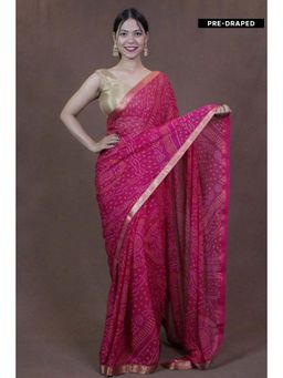 Isadora Life - Womens Bandhani Printed Pink Pre-Draped Saree with Unstitched Blouse