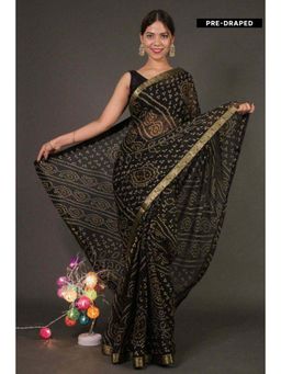 Isadora Life - Womens Bandhani Printed Black Pre-Draped Saree with Unstitched Blouse