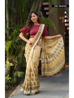 Isadora Life - Womens Printed Tassels Beige Pre-Draped Saree with Unstitched Blouse