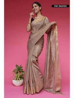 Isadora Life - Womens Stripes Zari Beige Pre-Draped Saree with Unstitched Blouse