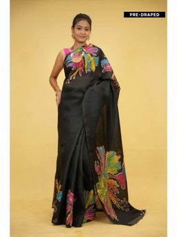 Isadora Life - Womens Floral Printed Black Pre-Draped Saree with Unstitched Blouse