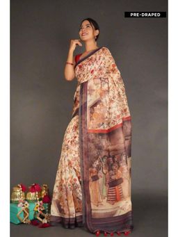Isadora Life - Womens Kalamkari Printed Beige Pre-Draped Saree with Unstitched Blouse