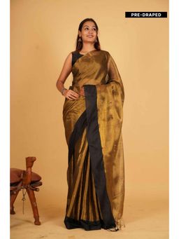 Isadora Life - Womens Solid Tassels Gold Pre-Draped Saree with Unstitched Blouse