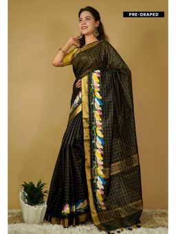 Isadora Life - Womens Checks Tassels Black Pre-Draped Saree with Unstitched Blouse