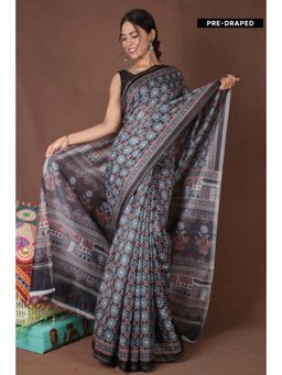 Isadora Life - Womens Floral Printed Black Pre-Draped Saree with Unstitched Blouse