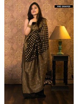 Isadora Life - Womens Woven Zari Black Pre-Draped Saree with Unstitched Blouse