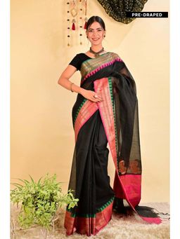 Isadora Life - Womens Woven Tassels Black Pre-Draped Saree with Unstitched Blouse