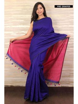 Isadora Life - Womens Solid Tassels Blue Pre-Draped Saree with Unstitched Blouse