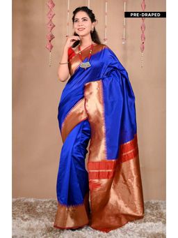 Isadora Life - Womens Solid Zari Blue Pre-Draped Saree With Unstitched Blouse