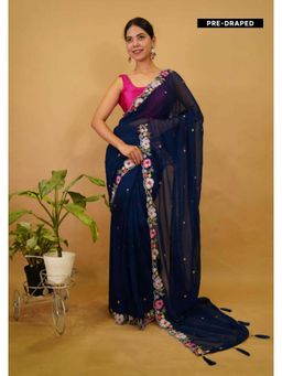 Isadora Life - Womens Embroidered Tassels Navy Blue Pre-Draped Saree With Unstitched Blouse