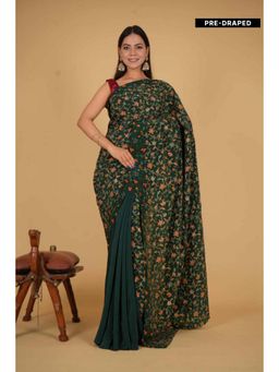 Isadora Life - Womens Floral Embroidered Green Pre-Draped Saree With Unstitched Blouse