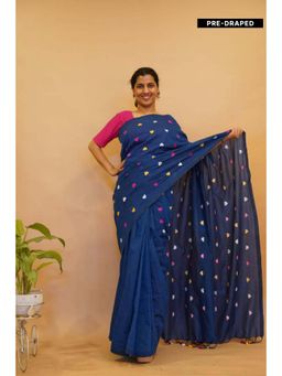 Isadora Life - Womens Embroidered Tassels Navy Blue Pre-Draped Saree With Unstitched Blouse