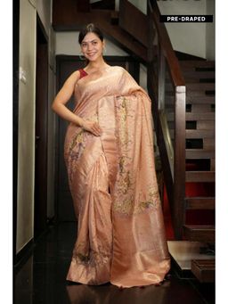 Isadora Life - Womens Woven Zari Beige Pre-Draped Saree With Unstitched Blouse