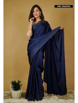 Isadora Life - Womens Sequined Navy Blue Pre-Draped Saree With Unstitched Blouse