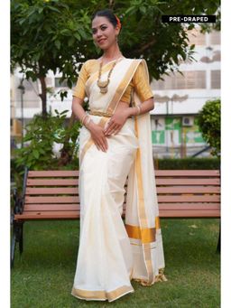 Isadora Life - Womens Solid Zari White Pre-Draped Saree With Unstitched Blouse