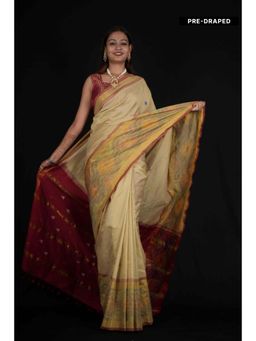 Isadora Life - Womens Woven Tassels Beige Pre-Draped Saree With Unstitched Blouse